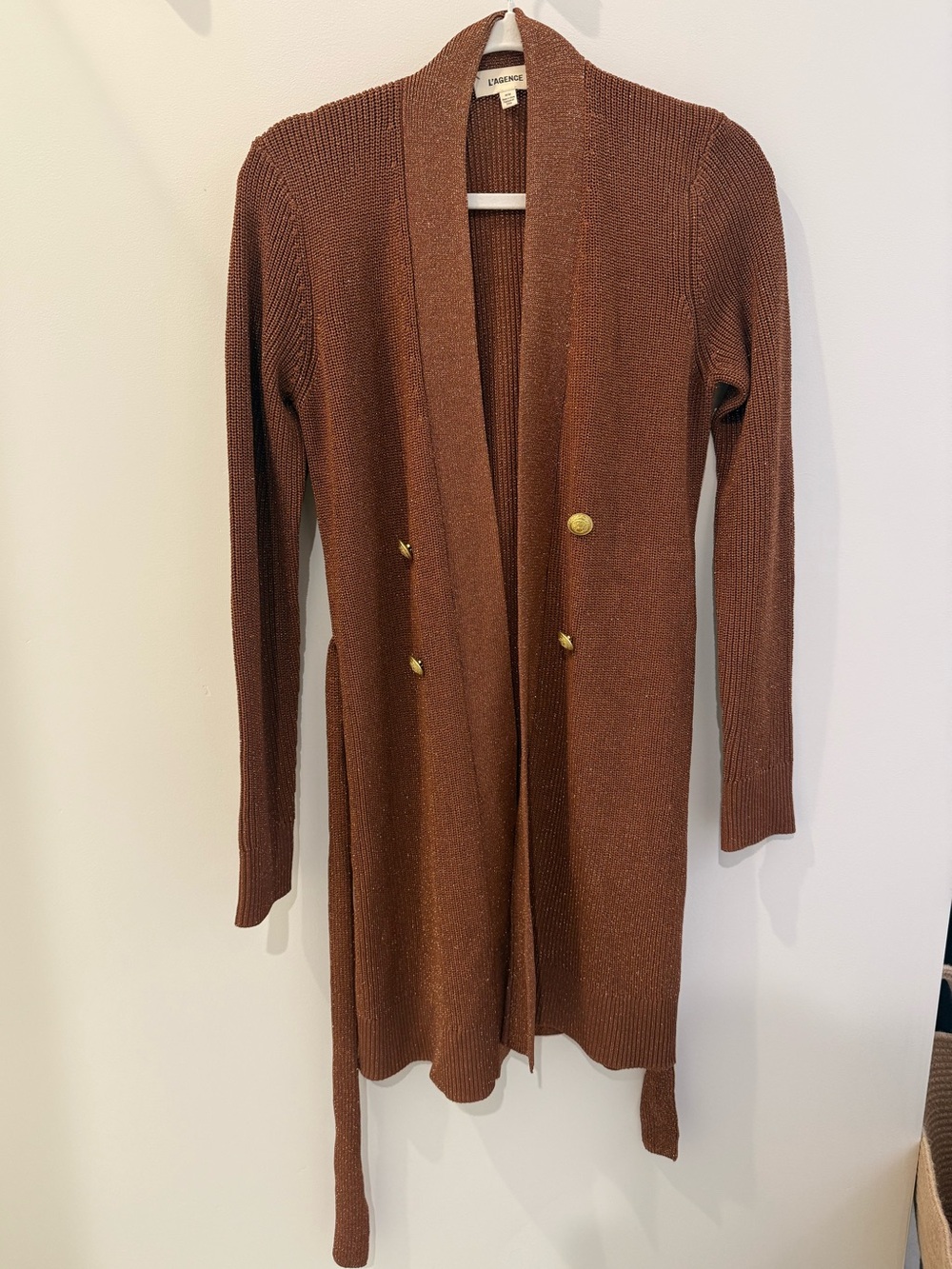 L’Agence noe double breasted bronze belted long cardigan sweater